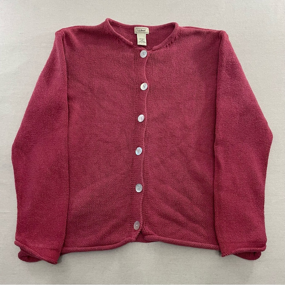Vtg LL Bean Cardigan Sweater Women’s Large Roll Hem Pink Silk Blend Button Up
